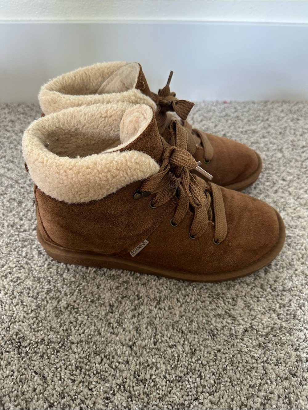 BearPaw Cream Shearling-Lined Lace Up Ankle Boots - Picture 2 of 10